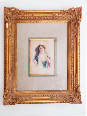 Vintage Young Lady Watercolor Painting Decorative Gilt Frame