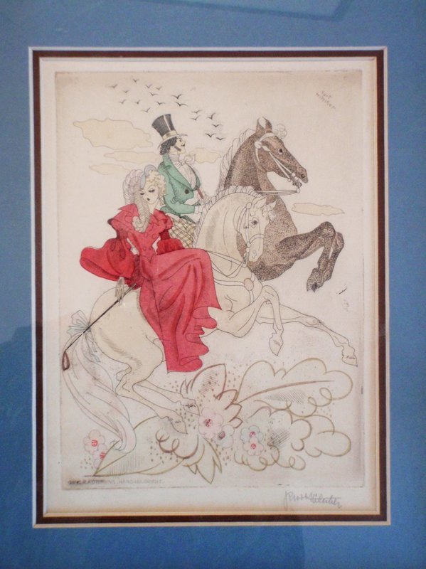 Art Deco hand Color Etching Signed Kurt Hilscher Lovers Riding