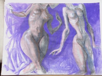 Original Diane Knopf Painting Two Naked Women Chalk, Conte