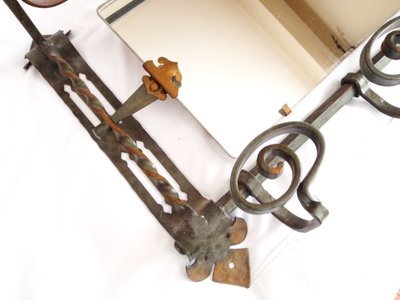 Antique Arts Crafts Wrought Iron Coat Hanger Hall Mirror Hat Rack