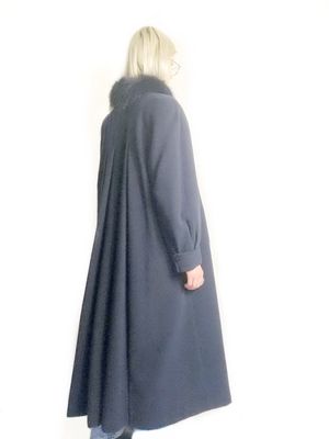 Fabulous 80s Navy Pure Wool Fur Pleated Full Length Coat