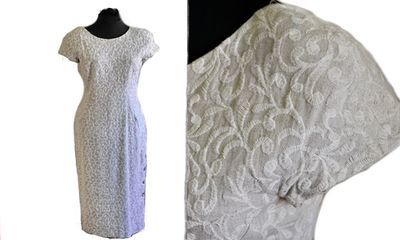 90s Embroidered Linen Cocktail Evening Dress