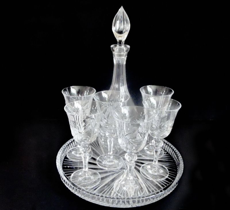 12pc Crystal Barware Tray Decanter 6 Glasses Coasters