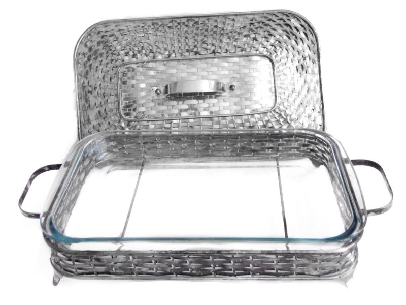 18 Inch Vintage Woven Silver Lidded Serving Tray Dish