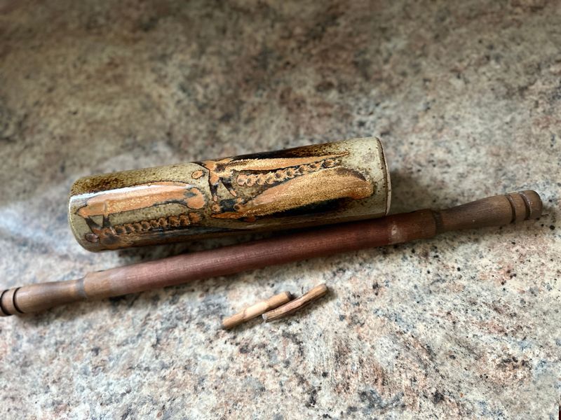 Mid Century Hand-thrown and Fired 2 pc Studio Art Pottery Rolling Pin 