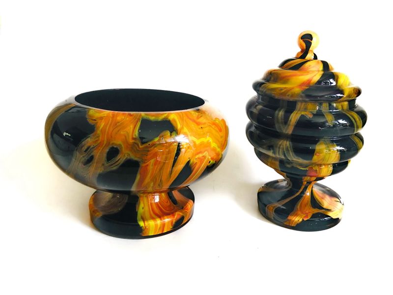 2pc Czech Bohemian Spatter Glass Lidded Jar and Bowl