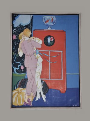 Art Deco Georges Barbier Lesbian Boudoir Watercolor Painting