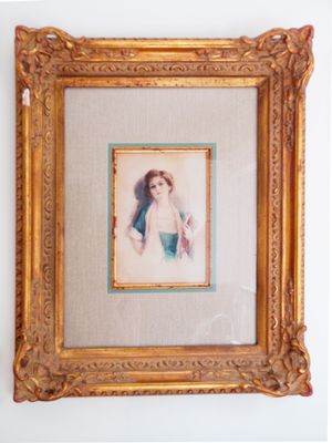 Vintage Young Lady Watercolor Painting Decorative Gilt Frame