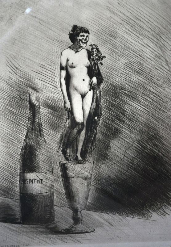Framed Joseph Apoux Risque Litho of Nude Woman Absinthe