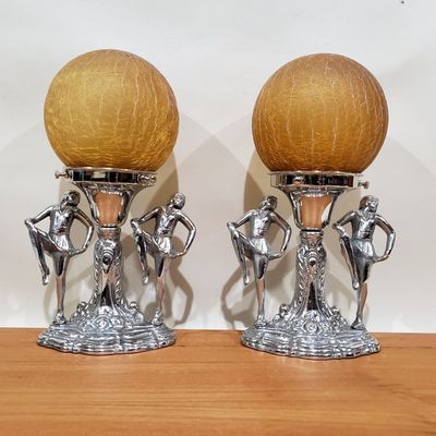 Pair Art Deco Silvered Dancing Girls Table Lamps