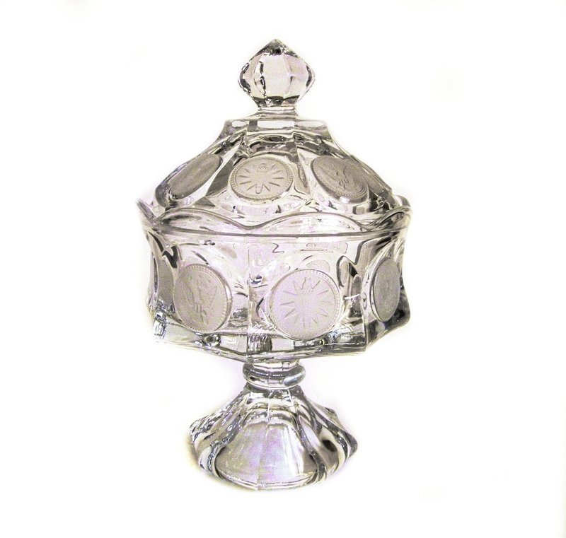 EAPG Covered Frosted Dot Pedestal Compote U.S. Pattern Glass