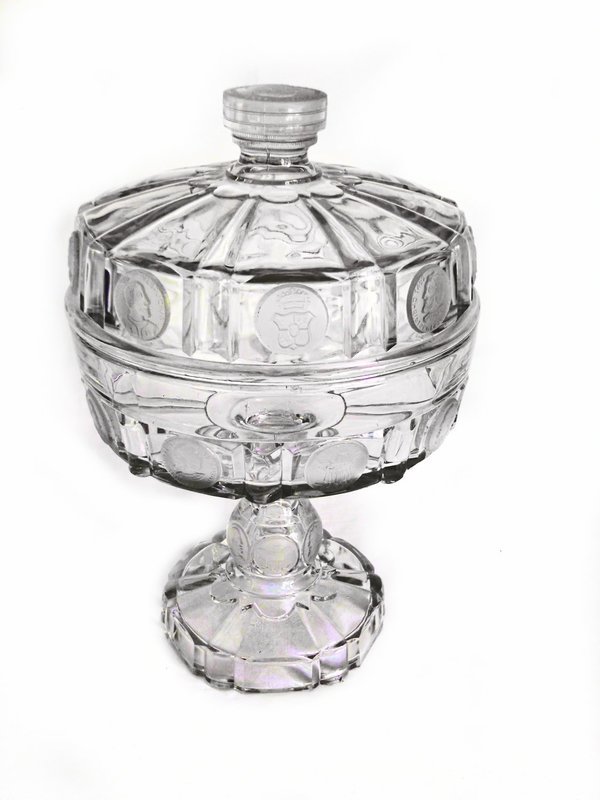1800&#39;s EAPG Covered Pedestal Frosted Dot Cut Glass Compote Footed Bowl