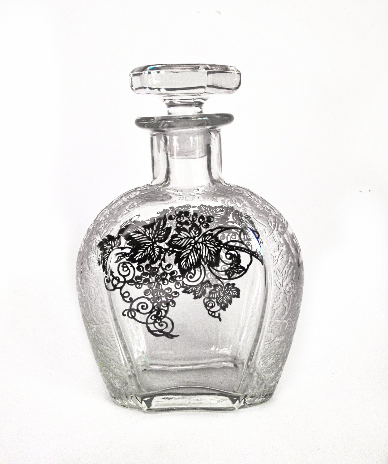 Art Deco Silver Overlay Etched Crystal Scotch Bottle Decanter