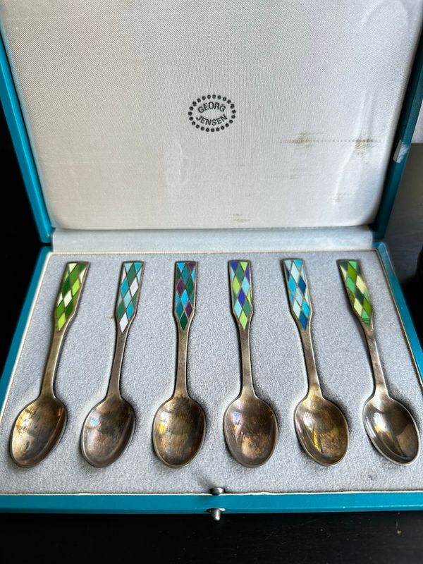 6 Georg Jensen Silver Harlequin Guilloche Demitasse Spoons