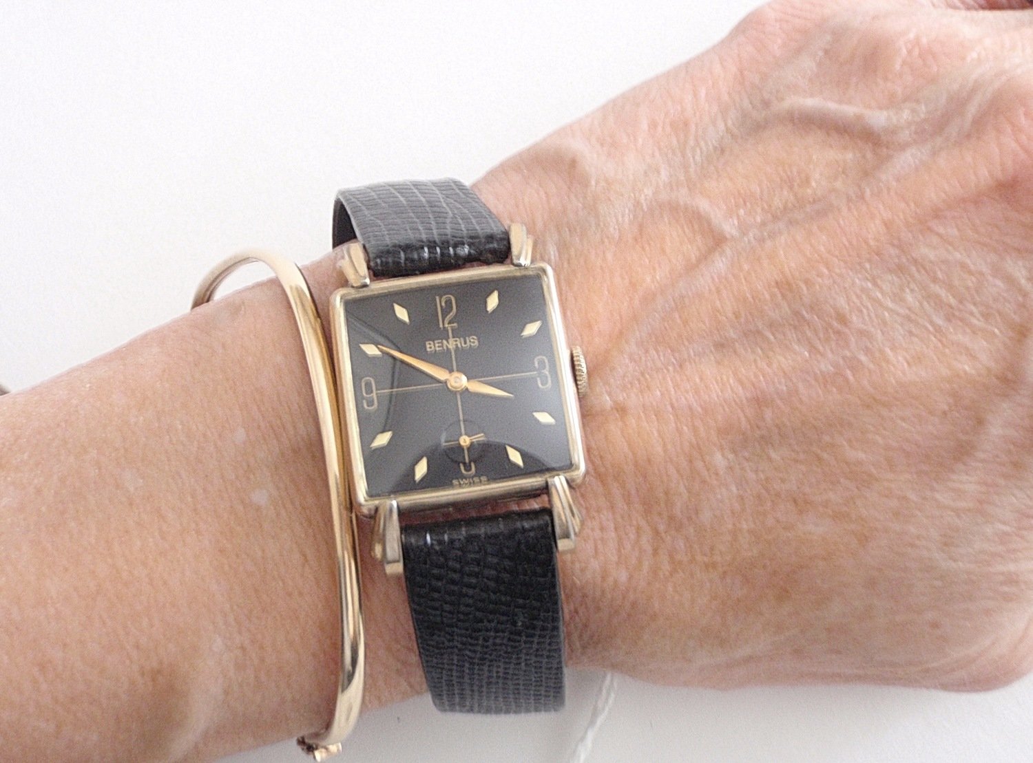 MCM 1950's Benrus Watch Mid Century Wristwatch Black Enamel - Unisex