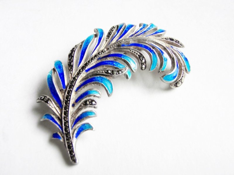 1920s Art Deco Blue Enamel Marcasite Silver Brooch