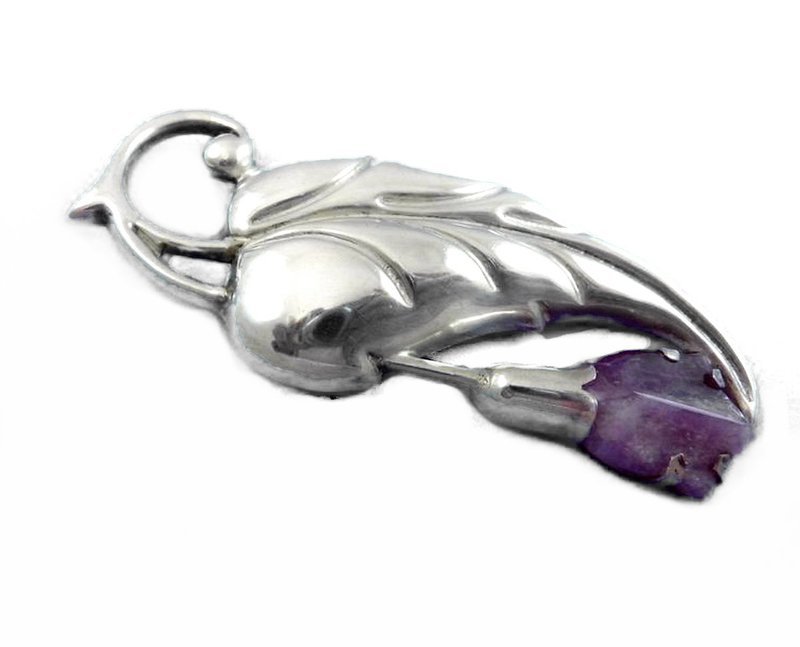 Art Deco Silver Amethyst Repousse Leaf Flower Brooch Pin