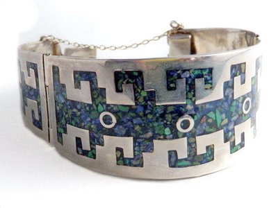 Mid-Century Taxco Azurite Malacite Cuff Bracelet Sg'd MMP