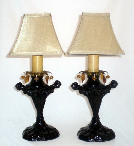 Pair Art Deco 2 Nude Lady Table Lamps Hanging Crystals
