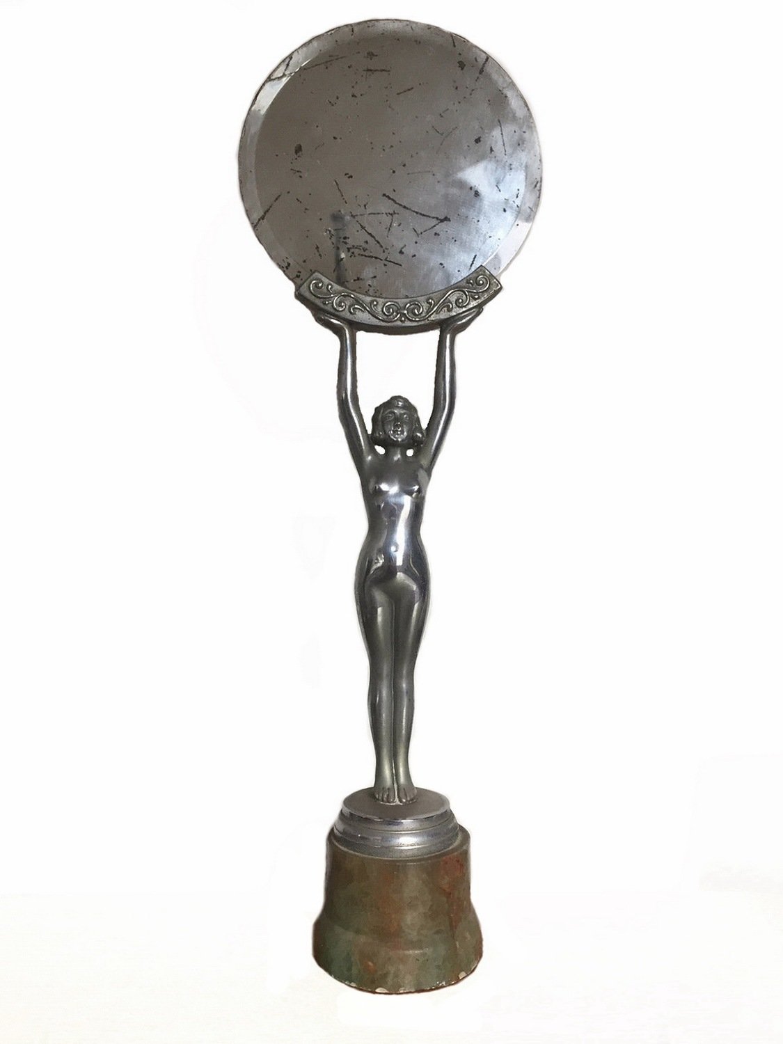 1920's Chrome Nude Woman with Mirror on Green Marble Plinth Sculpture
