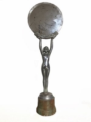 1920&#39;s Chrome Nude Woman with Mirror on Green Marble Plinth Sculpture
