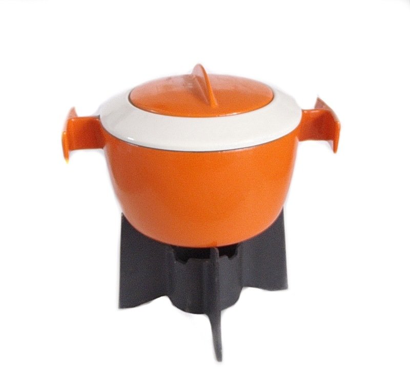 Mid Century Belgian Cast Iron Orange Enamel Fondue Set