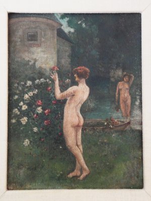 1920s Art Deco Nude Women Framed Oil Painting Naked Flappers in English Garden