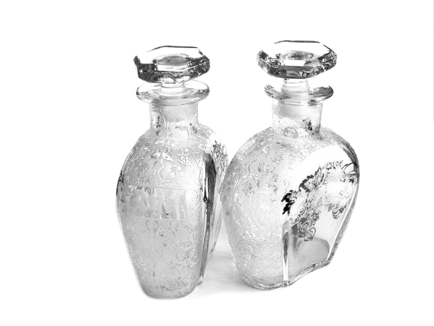 2 Art Deco Silver Overlay Scotch Rye Decanters Liquor Bottles