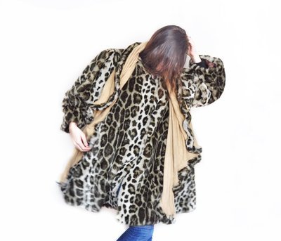1980s French Cashmere Faux Leopard Fur Swing Coat Shawl Vintage Glam