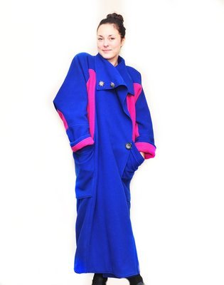 1980s Custom Wool Full Length Coat Cobalt Blue Fuschia Pink