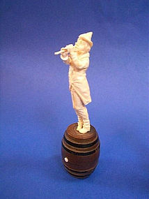 19th Century Hand Carved Ivory Musician Sculpture on Wine Barrel