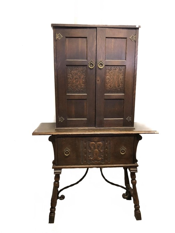 Arts &amp; Crafts Hutch Craftsman Mission Carved Cabinet Hand Wrought Iron