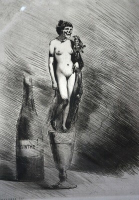 Joseph Apoux Risque Lithograph of Nude Woman Destroyed Absinthe Addiction