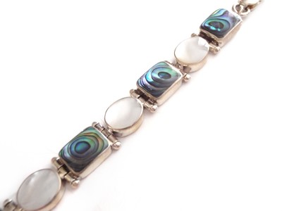 Abalone Shell and Mother Of Pearl Silver Link Bangle Bracelet