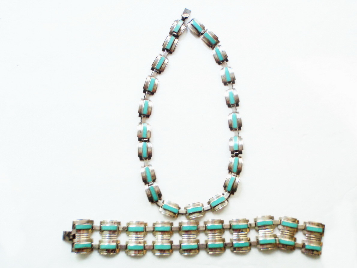 Taxco Mexico Silver Turquoise Necklace Double Wide Bracelet