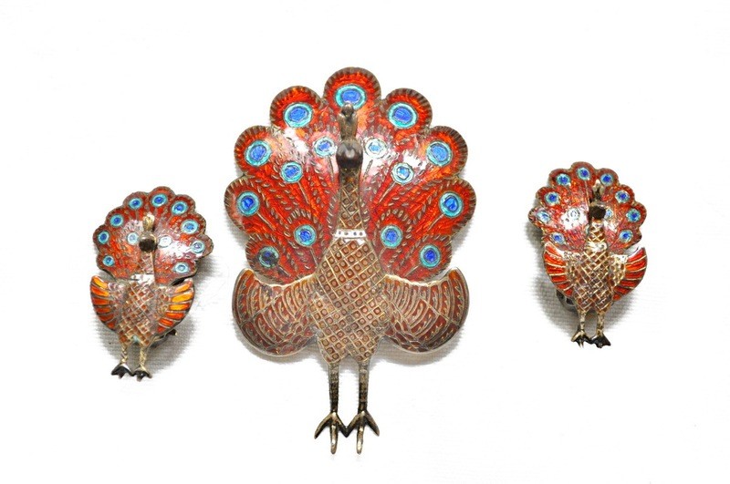 1940s Siam Silver Red Enamel Peacock Brooch Earrings Demi Parure