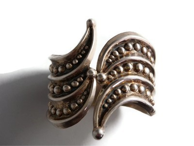 Art Deco Taxco Mexico Silver Beaded Clamper Cuff Bracelet