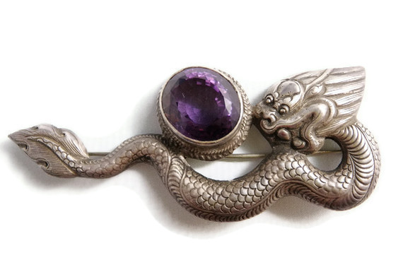 Vintage Siam Sterling Silver and HUGE Amethyst Dragon Pin Sg'd