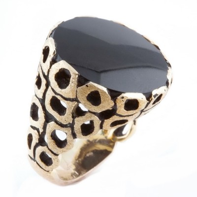 HUGE Mid Century 14k Gold Brutalist Onyx Designer Ring
