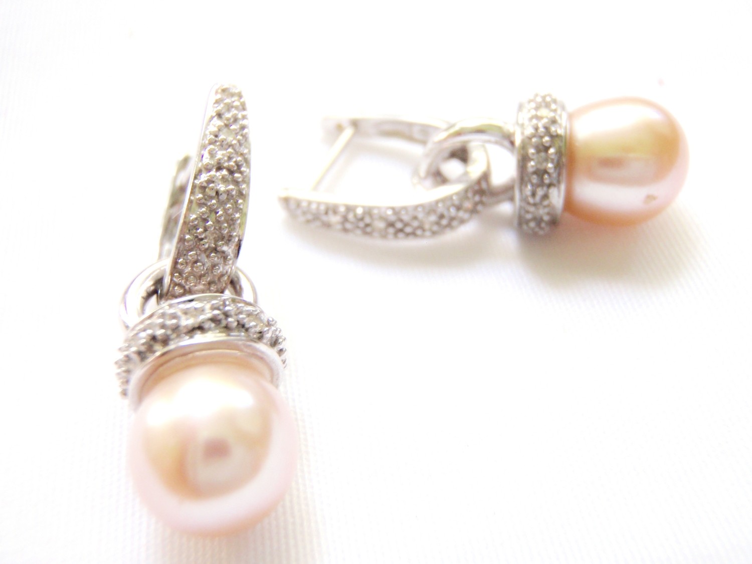 Pearl Diamond Earrings Pendant, 14k White Gold Pink Pearls