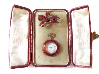 Walter Cross England 1850 Red Enamel Ladies Pocket Watch Bow Brooch