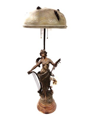 Art Nouveau Lady with Lyre Lamp RARE Etched Dome Shade Glass Fragments