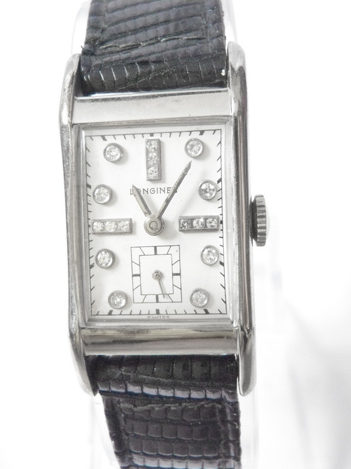 Art Deco Longines Tank Style 14kt White Gold Diamond Watch