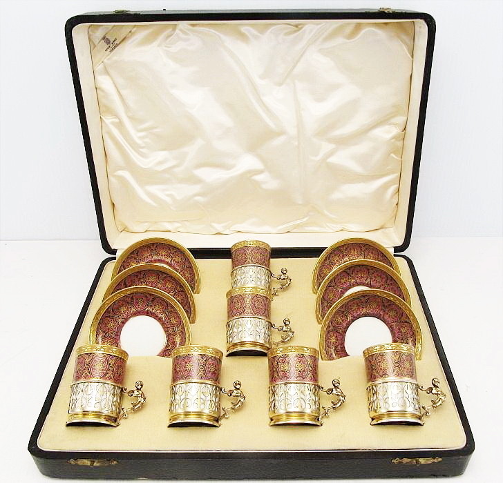 1924 Addie Bros Silver Cherub Limoges Porcelain Espresso Set
