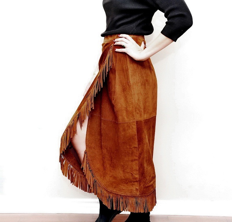Southwestern Full Length Suede Fringed Skirt Tristan Iseut