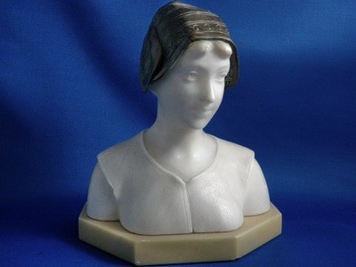 1800's Carved Marble and Bronze Young Woman Bust Sculpture by Schmidt