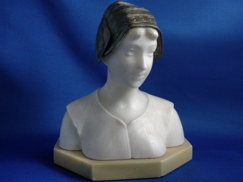 1800&#39;s Carved Marble and Bronze Young Woman Bust Sculpture by Schmidt