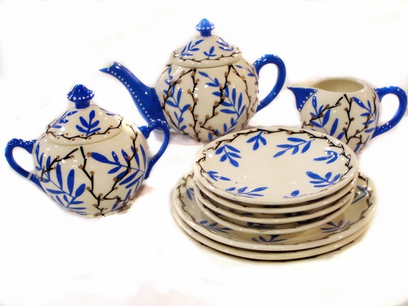 Art Deco Hand Painted Czech Dessert Set w/Teapot Cream Sugar Plates