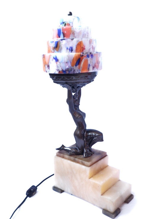 Art Deco 1920s Flapper Table Lamp, Czech Skyscraper Shade