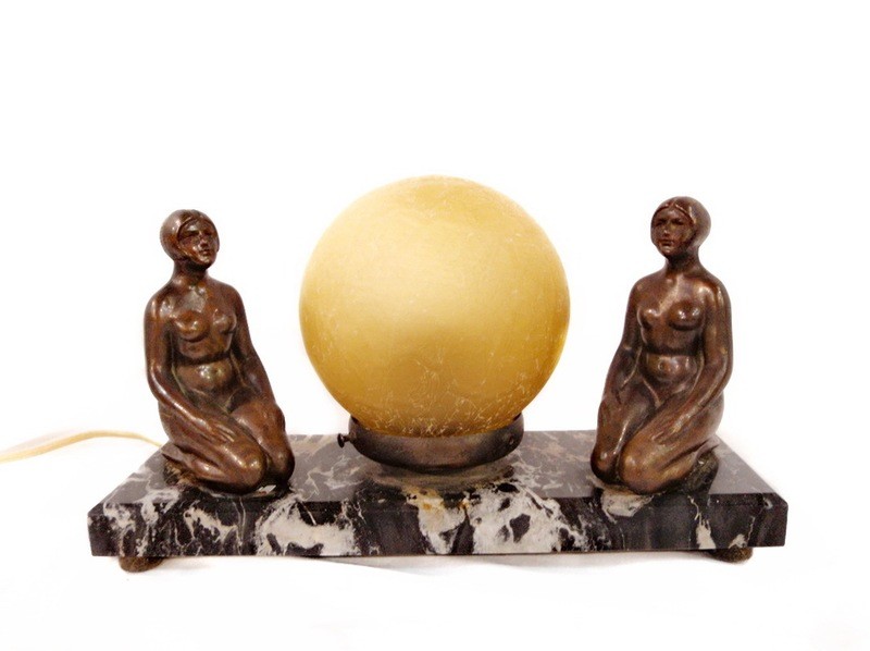 1920s Art Deco Nuart Double Nude Women Bronze Lamp